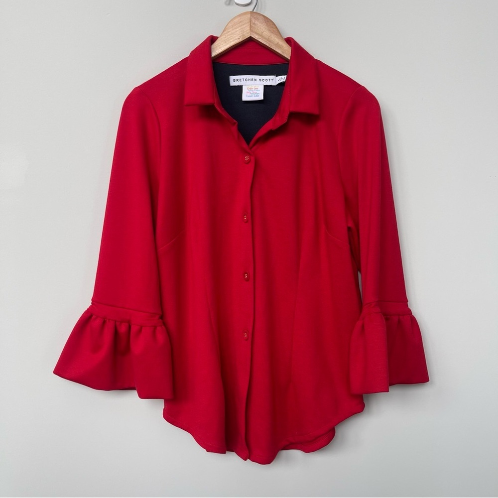 Gretchen Scott | Red Bell Sleeve Button Front Blouse Top Classic Holiday